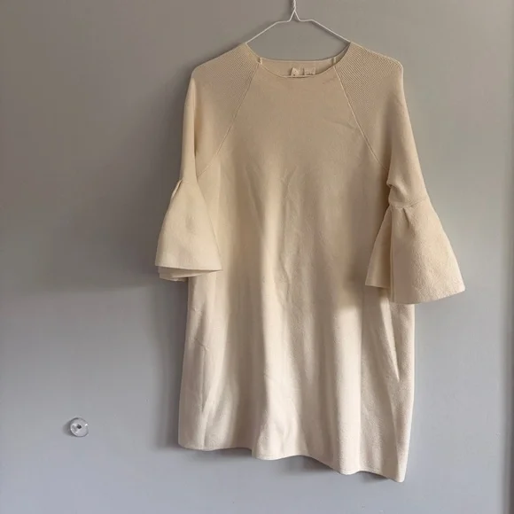 Anthropologie Moth Cream Mini Dress Bell Sleeves Large Sweater Dress - Picture 2 of 11